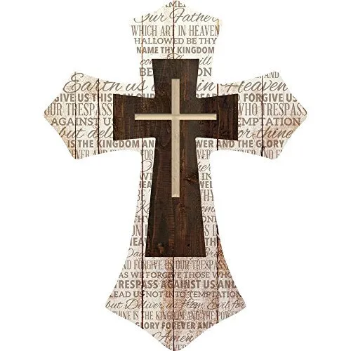 Lord's Prayer Three Cross Whitewash with Dark Wood 16 x 12 Wood Wall Art Plaq...