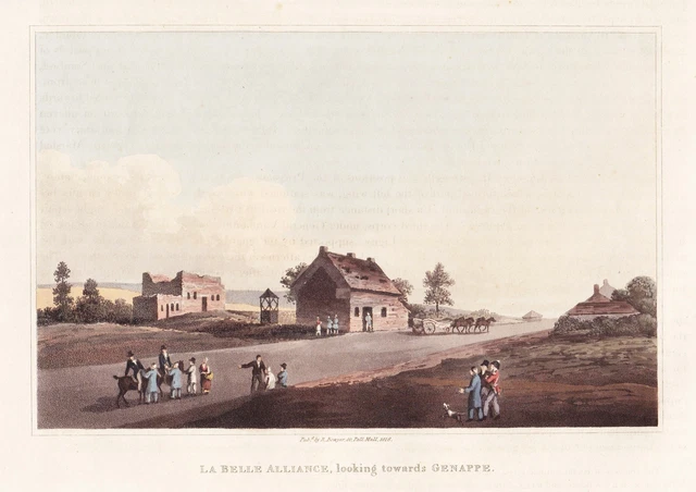 Belle Alliance Waterloo Napoleon Belgien Begium Aquatinta Bowyer 1816
