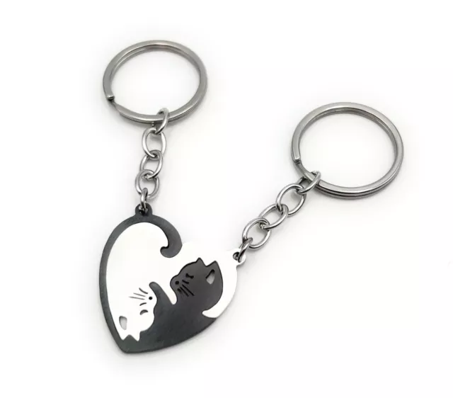 Partner Pendants Black Silver Cat Heart Key Ring Pendant Made of Metal