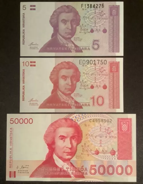 1991/1991/1993 CROATIA 5/10/50000 Dinara UNC (3 Banknotes)