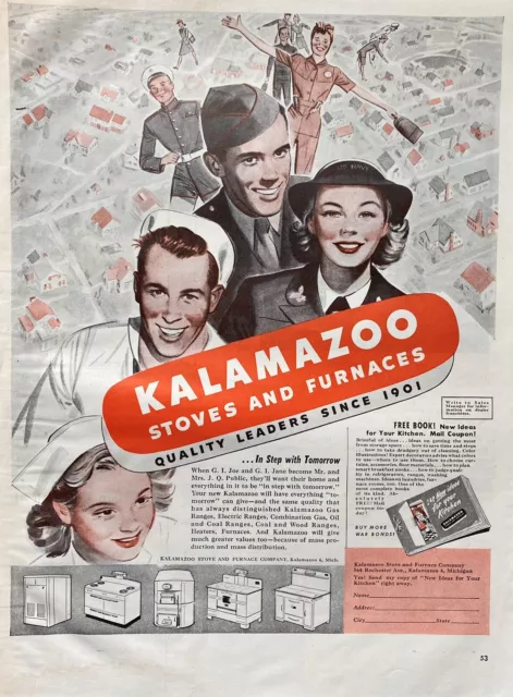 Vtg Print Ad 1945 Kalamazoo Stoves WWII Army Navy Marines Nurses Retro Home Art