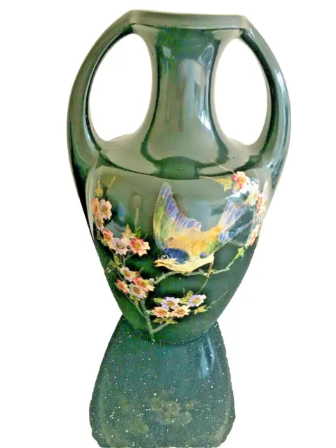 Bretby Antique 16" Vase Birds On Black, Double Handles Arts & Crafts-Collect B46