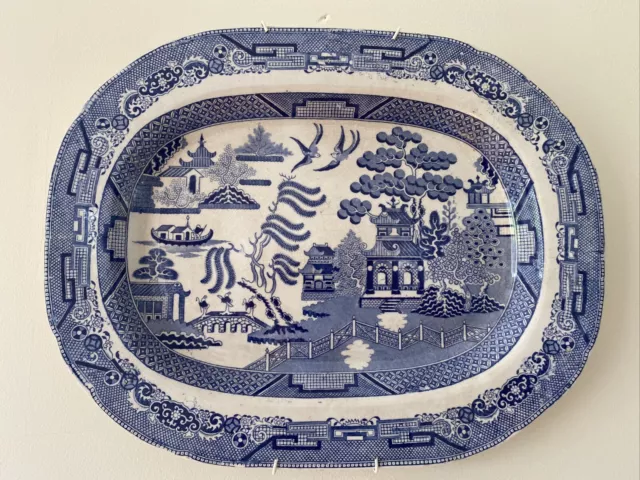 Antique Blue Willow Meat Platter Oval Plate Wood & Chillinor Plate Hanger Includ 2
