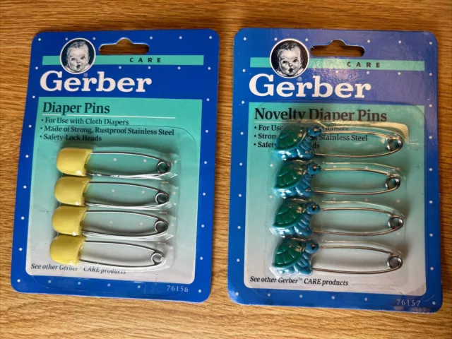 (2 Pkgs) 8 Total - 1991 Vintage Baby Gerber Novelty  Diaper Pins Yellow & Turtle