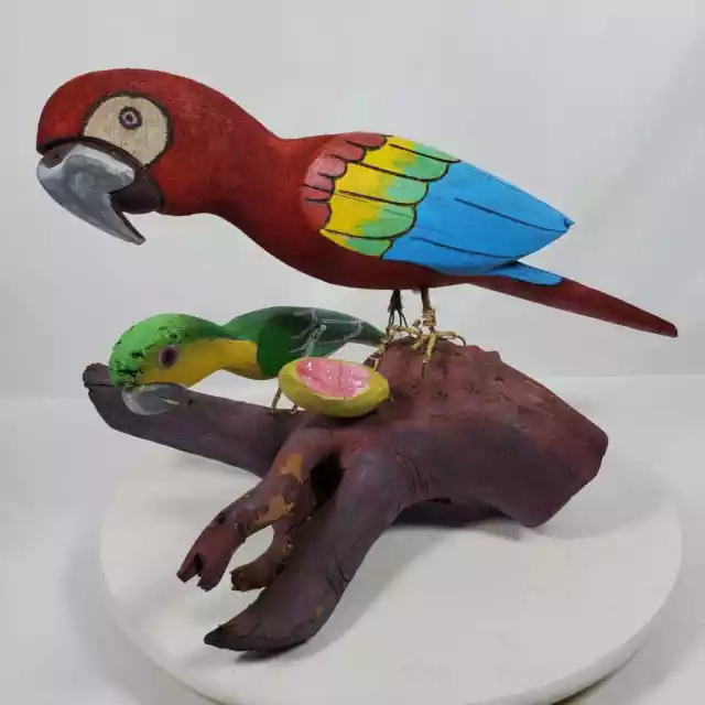 Vintage 1990 Wood Parrot Bird ART Statue Handmade Handpainted 13x20x12 Inch