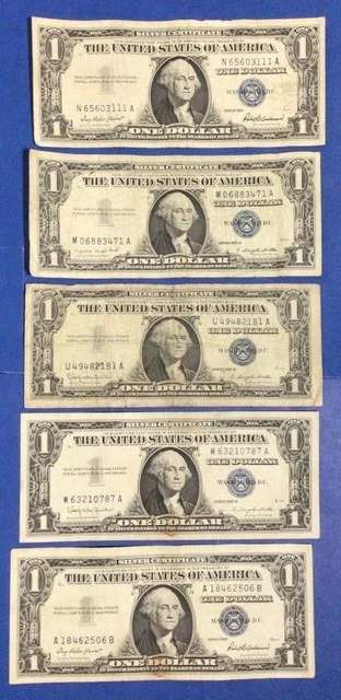 1957-1957B $1 Blue SILVER Certificates! X3111 Set of 5! Lower Grade! Currency!