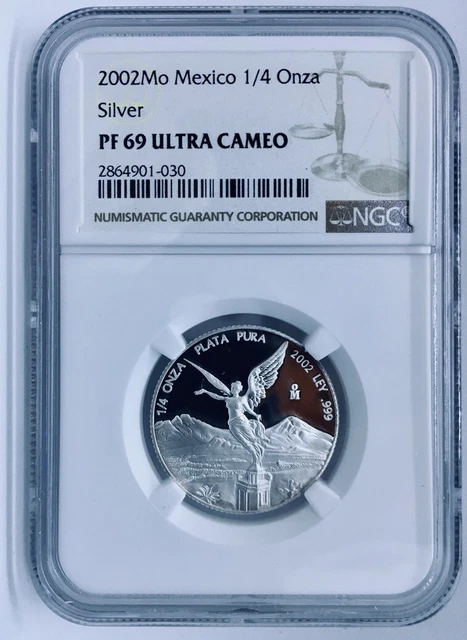 Mexico LIBERTAD 1/4 oz Silver 2002 PROOF -NGC PF69- RARE! Low Mintage:2,800
