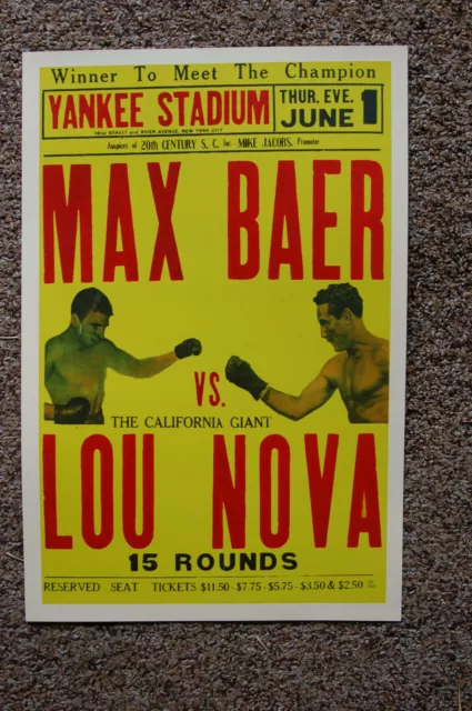 Max Baer  vs Lou Nova Fight Poster 1939 Yankee Stadium