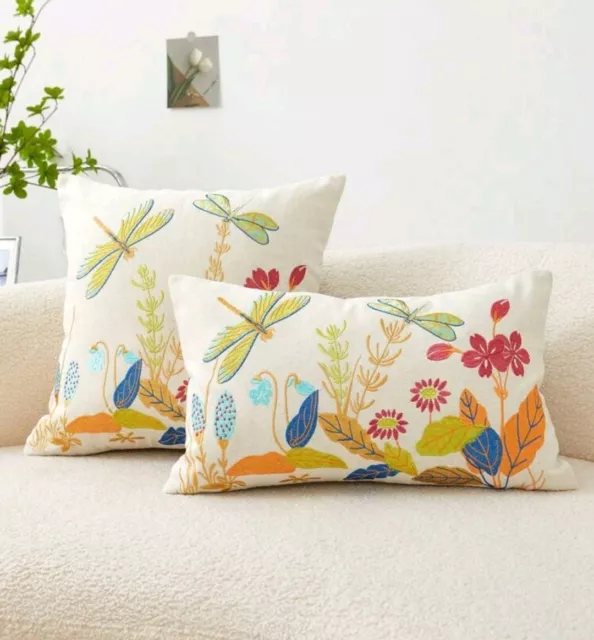 Luxurious Dragonfly Cushion Cover Cotton rectangle Embroidered Cream wild boho