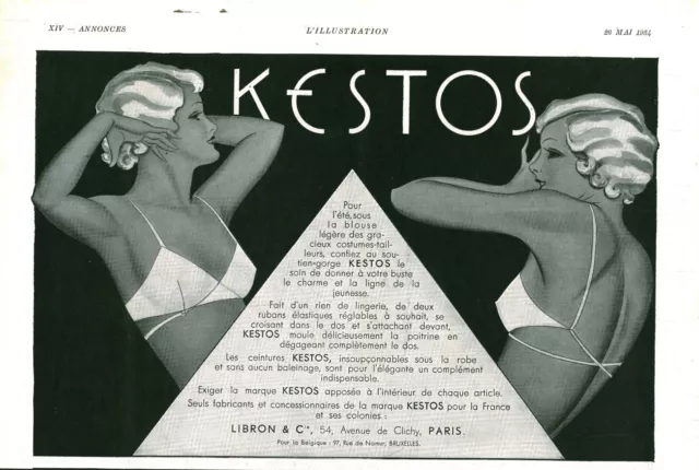 Publicité ancienne soutien-gorge Kestos 1934 issue  de magazine