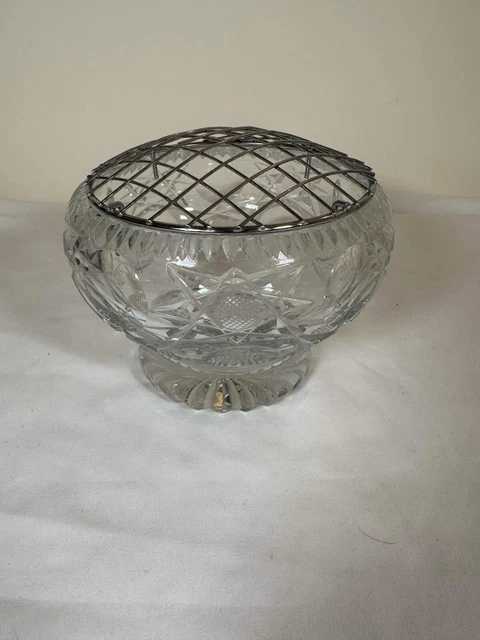Vintage Cut Glass Crystal Rose Bowl Posy Vase With Flower Frog - 16cm Diameter