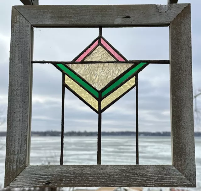 Mission Style Framed Stained Glass Window Pink/Lt. Yel/Green Design