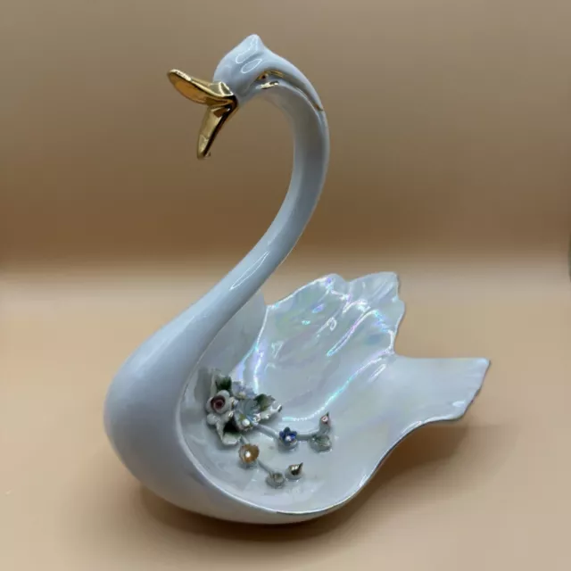 Vintage Rare Capodimonte Porcelain Iridescent Swan Trinket Jewellery Dish