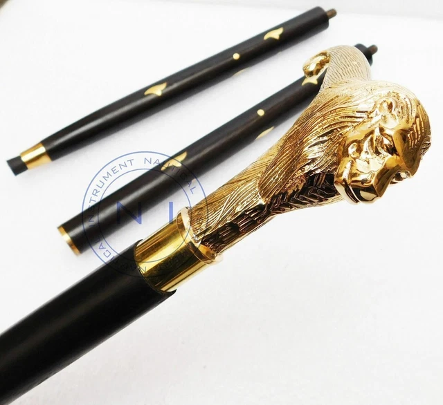 Designer Wooden Walking Stick Cane Antique Solid Brass Lion head Handle Vintage