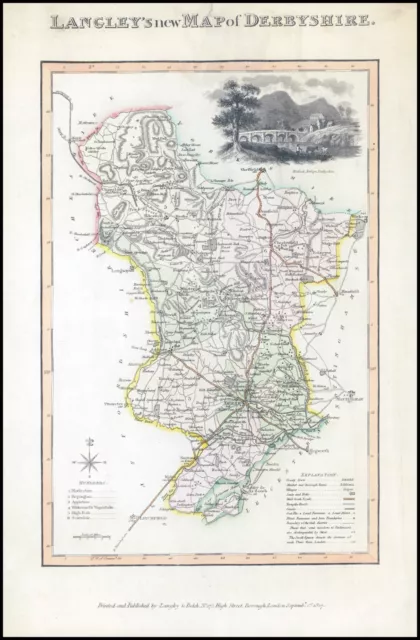 1817 Original Antique LANGLEY'S NEW MAP OF DERBYSHIRE Matlock Bridge (LNM5)