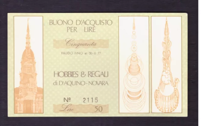 Buono d'Acquisto Hobbies & Regali di D'Aquino Novara 50 Lire 30-6-1977