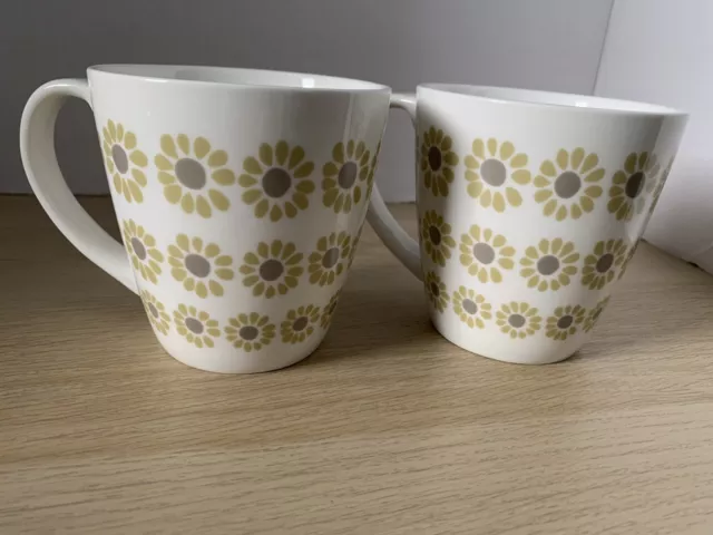 Pair Of Large Laura Ashley Floral Mugs Green & Taupe Flowers