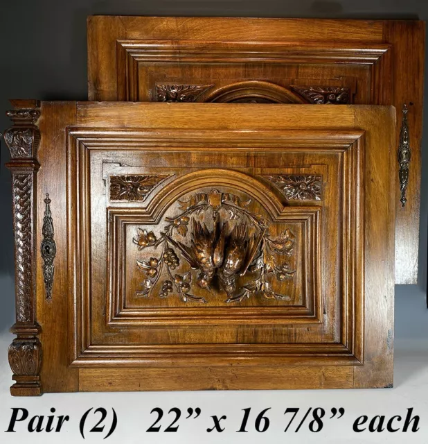 Pair HC Cabinet Doors, Plaques w/ Birds in Nature More, French in Black Forest