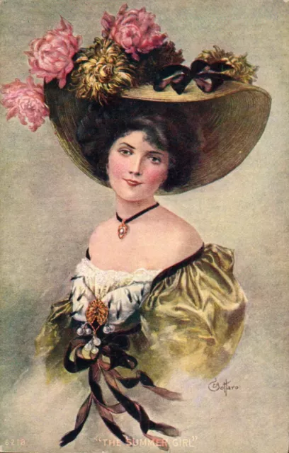 c1905 Pretty Woman Big Hat With Flowers The Summer Girl Gottaro Antique Postcard