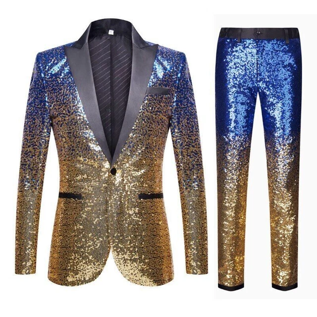Blazer + Trousers)Men Fashion Casual Wedding Banquet Dance Party Sequin Costumes