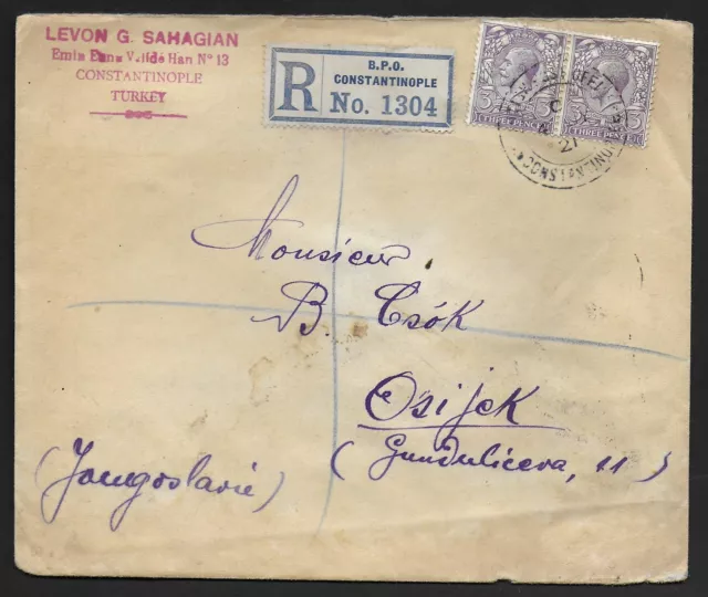 British Levant covers 1921 R-cover to Osijek