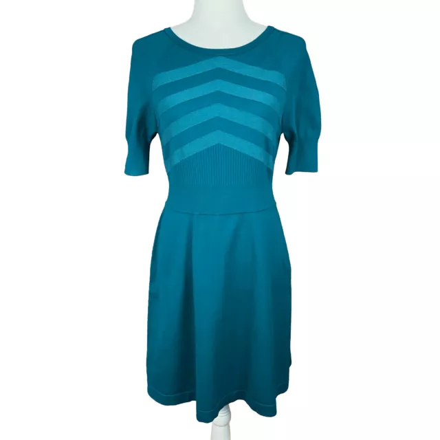Karen Millen Fit & Flare Knit Dress Size 4 Teal Chevron Print Half Sleeves NWT