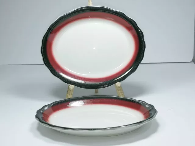 Jackson China Oval Platters Set / 2 Restaurant Ware Airbrushed Black & Maroon