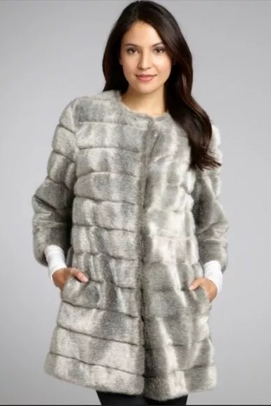 Sam Edelman 165410 Womens Faux Fur Coat Animal Print Lining Gray Size Large