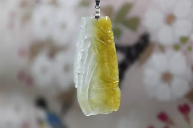 Certified (Grade A) 100% Natural Icy Yellow Jadeite JADE Carved Bamboo Pendant 3