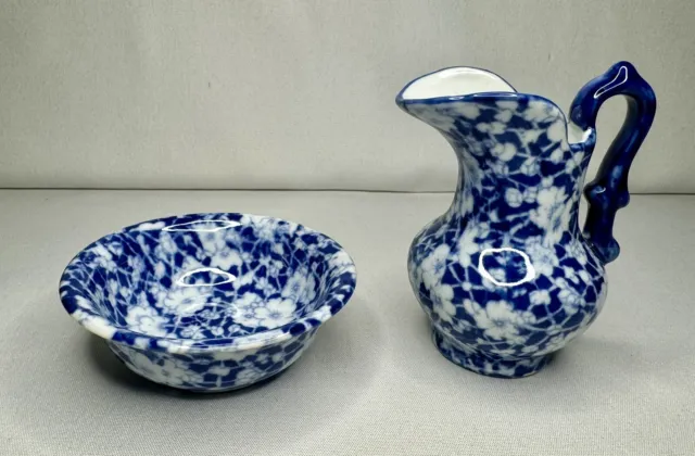 Vintage Victoria Ware Blue and White Ironstone Calico Small Bowl 5" Pitcher Set