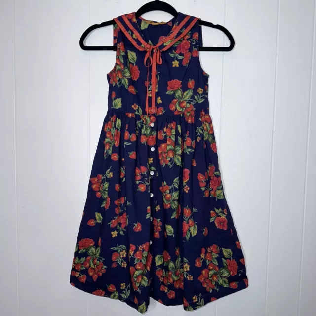 April Cornell Girl’s Floral Strawberry Print Dress Button Front Sleeveless 9/10