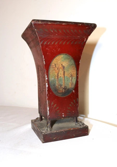 antique handmade 18th century French claw footed hand painted toleware vase pot