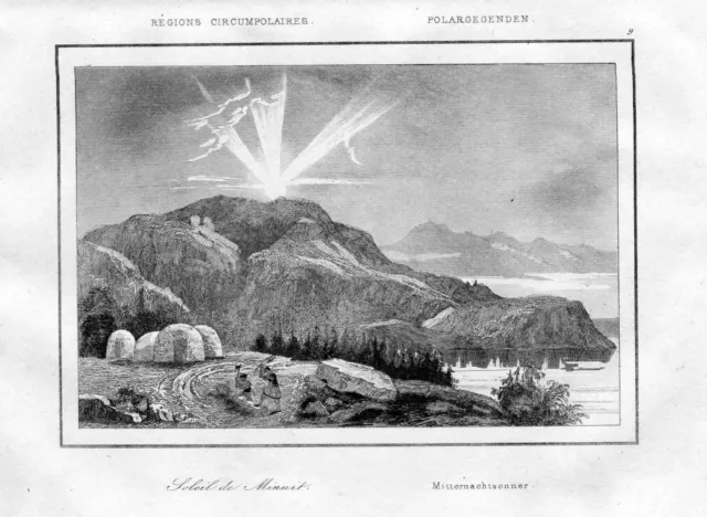 1840 - Mitternachtssonne Sommersonnenwende Polarregion engraving Stahlstich