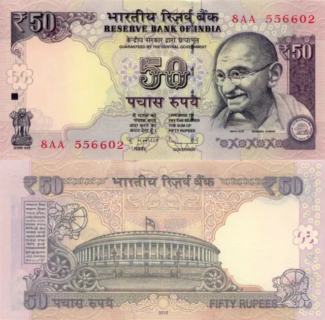 India 50 Rupees (2012) - Gandhi/Parliament House/p104a UNC