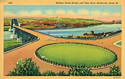 Postcard McKees Rocks Bridge and Ohio River Boulevard Route 88 in 1942. D2