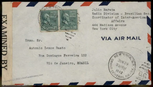 USA 1942 20c Garfield Prexie Brazil Airmail Cover 86050