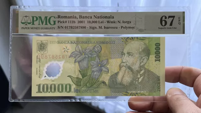 Romania pick 112b, BNR banknote 10000 Lei 2001, polymer N.Iorga PMG 67EPQ