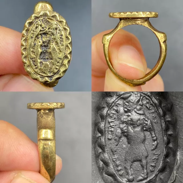 Rare Ancient Roman Unique king Intaglio Bronze Ring