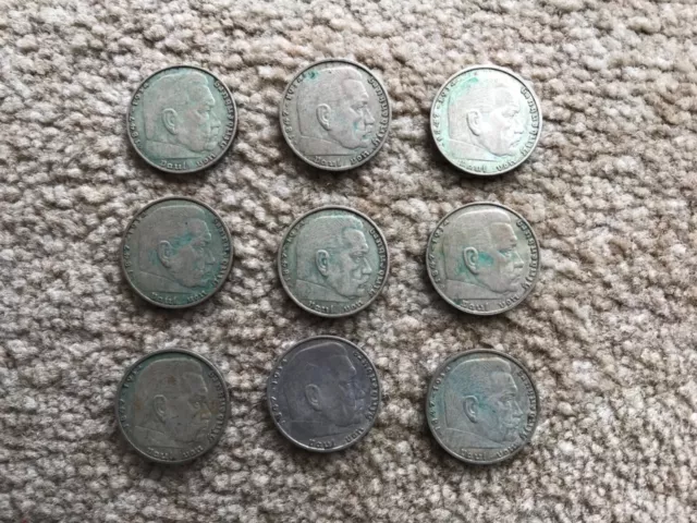 9 Stück 2 Reichsmark Münzen 1937 - 1939 Hindenburg 625er Silber