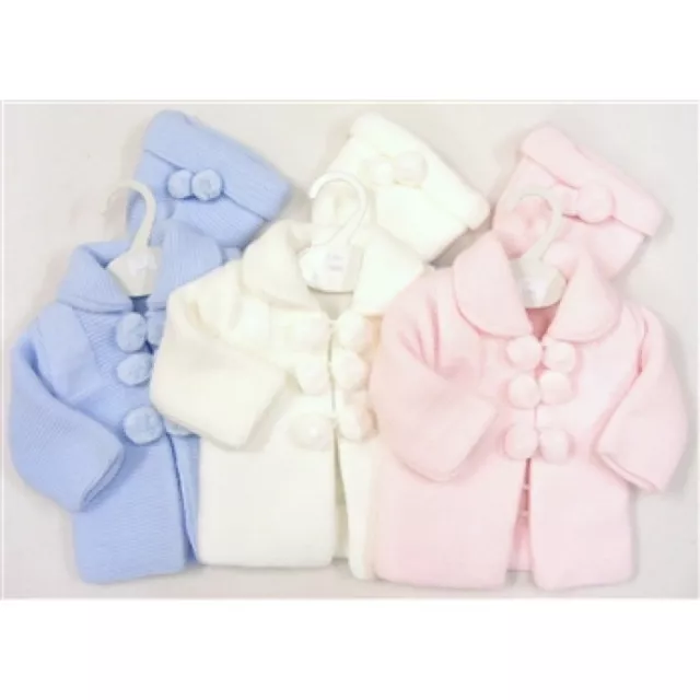 Baby Girl Boy Spanish Knitted Pom Pom Pram Coat Matinee Jacket & Hat Gift Set