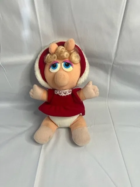 Baby Miss Piggy 1987 Henson Plush Stuffed Animal Hooded Red Dress Muppets