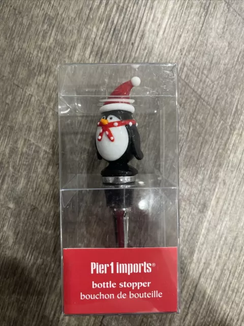 New Pier 1 Imports Christmas 4.5" Glass Penguin Wine Bottle Stopper Santa Hat