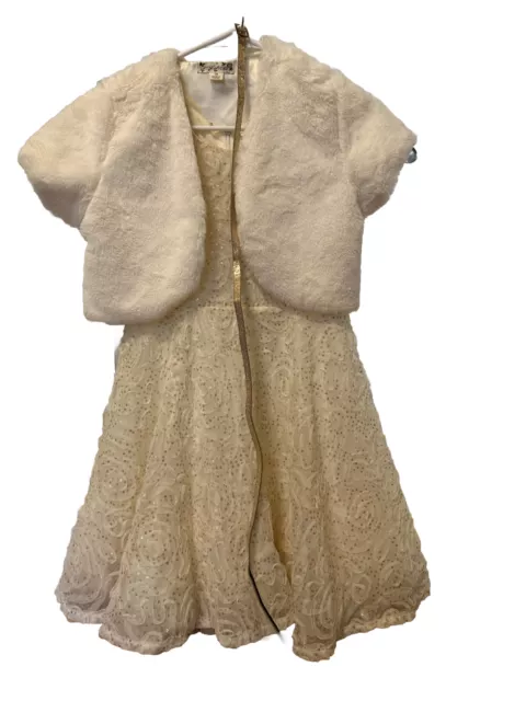 NWT • KNIT WORKS Girl's Ivory & Gold Lace Dress Size 16 Sequins With Fur Vest