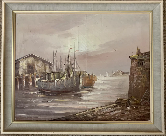 ANTIQUE PAINTING MARINE oil fishing port landscape boats signed