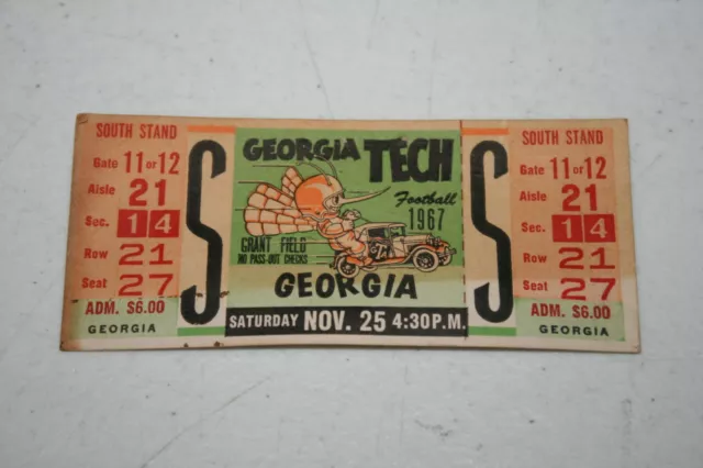 Vintage 1967 Georgia Tech Vs Georgia Bulldogs Uga College Football Ticket Unused