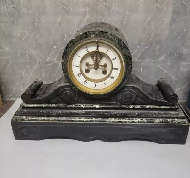 Large Antique Drum Head Slate And Marble Mantle Clock Approx 20kg Spairs Repairs