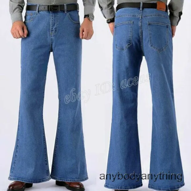 Men Bell Bottom Jeans Soft Thin Flared Denim Pants Trousers Drawstring Grey