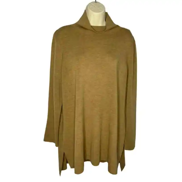 Eileen Fisher Merino Wool Scrunch Neck Tunic Sweater Lightweight Tan Large