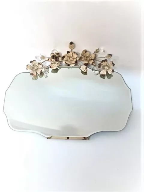 Wall Mirror Frameless Vintage Style Ornate Bevelled Cream Metal Flower detail