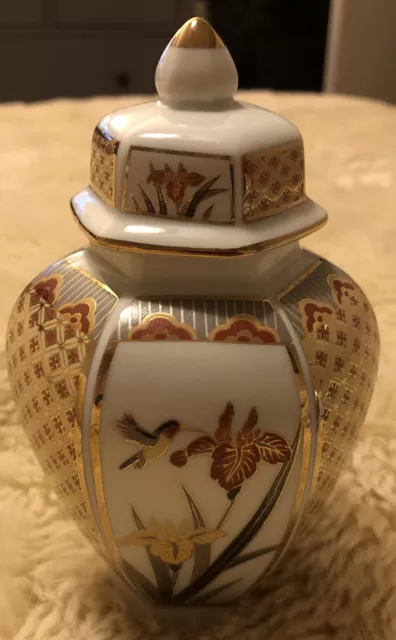 Seizan Japan Hexagonal Lidded Ginger Temple Jar With Birds Flowers
